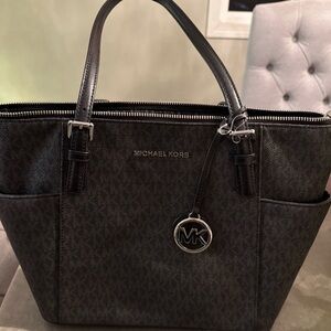 Michael Kors Black Signature Logo Tote with MK Charm